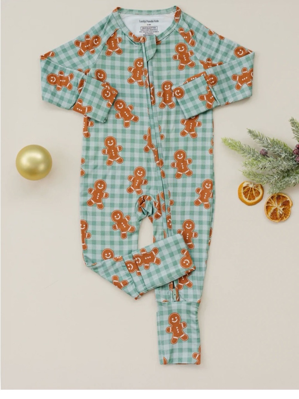 Lucky Panda Kids Gingham Gingerbread One-Piece Pajamas NWT
